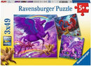 The Mythical Majesty jigsaw puzzle set by Ravensburger features three 49-piece puzzles showcasing vibrant and colorful mythical creatures, including a purple pegasus and a dragon. The packaging includes playful artwork of these fantasy animals surrounded by rainbows and a magical landscape, appealing to both children and puzzle enthusiasts.