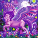 A vibrant jigsaw puzzle featuring a whimsical scene with a majestic pink unicorn with large, colorful wings, surrounded by butterflies and magical creatures under a moonlit sky. The background is filled with bright flowers and sparkling lights, creating an enchanting atmosphere.