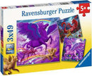 Mythical Majesty jigsaw puzzle by Ravensburger featuring three vibrant 49-piece puzzles. Each scene showcases magical creatures like unicorns and dragons against colorful backgrounds. Ideal for children aged 5 and up, promoting creativity and problem-solving skills.