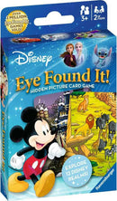 Disney Eye Found It!® Card Game box featuring iconic characters like Mickey Mouse, Anna, Elsa, and Stitch. The design includes scenes from various Disney realms and highlights the game's objective to find hidden pictures.