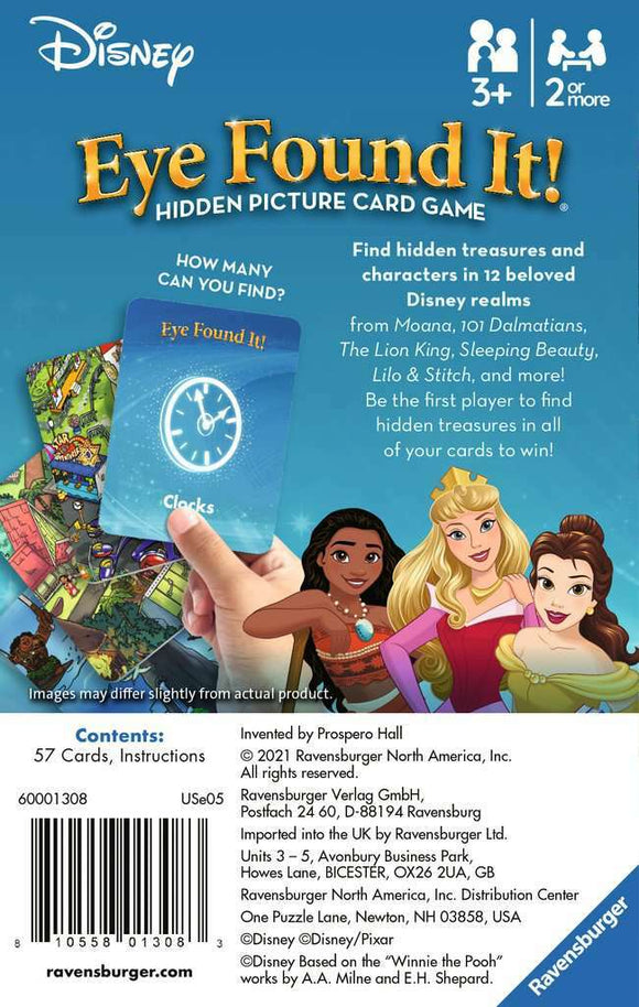 Disney Eye Found It!® Hidden Picture Card Game by Ravensburger. Engage in a fun adventure to find hidden treasures and beloved Disney characters from movies like Moana, 101 Dalmatians, and The Lion King. Suitable for ages 3 and up, for 2 or more players. The game includes 57 cards and instructions, perfect for family game nights or playdates.