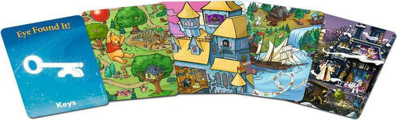 Disney Eye Found It!® Card Game by Ravensburger featuring colorful cards with iconic Disney scenes. Includes images of Winnie the Pooh, castles, and various magical landscapes to enhance gameplay and fun.