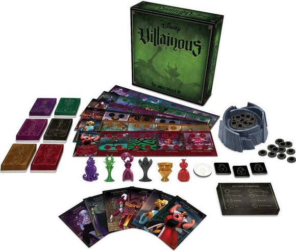 The Disney Villainous board game from Ravensburger displayed with its components, including character cards, action tokens, a game board, and the game box. The vibrant artwork features various Disney villains, showcasing their unique abilities and strategies. Ideal for family game nights, this game combines strategy and thematic play.