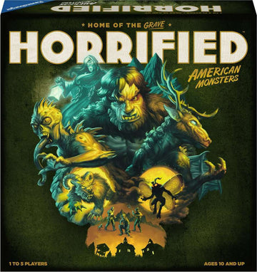 The game box for Horrified: American Monsters by Ravensburger features striking artwork depicting various American monsters, including a werewolf, a swamp creature, and mythical figures. The design is dark and atmospheric, with vibrant colors and ominous silhouettes of players in action. The box prominently displays the title 'Horrified: American Monsters' at the top and highlights that it is suitable for 1 to 5 players aged 10 and up.