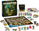 The game 'Horrified: American Monsters' by Ravensburger displayed with its contents. Includes a vibrant game board featuring a map, character stands, monster miniatures, event and item cards, and a branded storage bag. Designed for 1 to 5 players aged 10 and up, this cooperative game invites players to work together to defeat iconic American monsters.