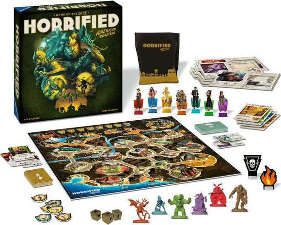 The game 'Horrified: American Monsters' by Ravensburger displayed with its contents. Includes a vibrant game board featuring a map, character stands, monster miniatures, event and item cards, and a branded storage bag. Designed for 1 to 5 players aged 10 and up, this cooperative game invites players to work together to defeat iconic American monsters.