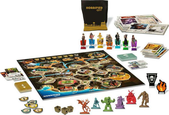 The Horrified: American Monsters game by Ravensburger features a colorful board depicting a map with various locations. Surrounding the board are character pieces, monster miniatures, and cards. The game comes with a stylish carrying bag, showcasing a mix of strategy and teamwork as players battle iconic American monsters.
