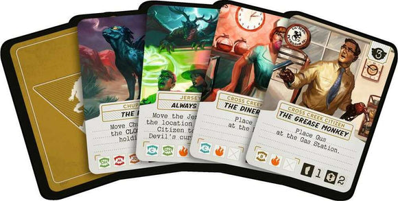 A set of colorful game cards from the Horrified: American Monsters board game. The cards feature illustrations of various American monsters, citizens, and gameplay instructions, showcasing characters like Chupacabra and The Grease Monkey. Each card includes unique icons, text instructions, and vibrant imagery that adds excitement to gameplay.