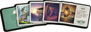 A selection of game cards from 'Horrified: American Monsters' by Ravensburger. The cards depict various characters and scenes, including a young boy on a bicycle, a cabin in the woods, a mystical creature, and a lantern with tools. The rightmost card includes text detailing an advantage for investigators within the game.