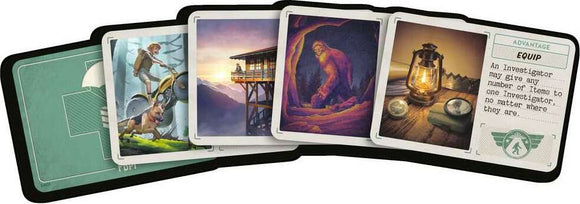 A selection of game cards from 'Horrified: American Monsters' by Ravensburger. The cards depict various characters and scenes, including a young boy on a bicycle, a cabin in the woods, a mystical creature, and a lantern with tools. The rightmost card includes text detailing an advantage for investigators within the game.