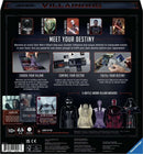 Packaging for the Star Wars Villainous: Power of the Dark Side game by Ravensburger. Features artwork and details about gameplay elements, including choosing a villain, controlling sectors, and fulfilling objectives. The back includes images of character movers and game components, set against a dark-themed design that resonates with the Star Wars universe.