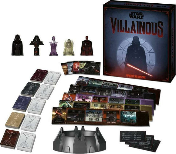 Star Wars Villainous: Power of the Dark Side game from Ravensburger, featuring iconic villains. The image displays game pieces, cards, and the box art showcasing a dark aesthetic with lightsaber imagery.