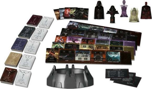 Star Wars Villainous: Power of the Dark Side game by Ravensburger featuring character cards, game tokens, villain figures, and action cards. A detailed layout with vibrant artwork showcasing iconic Star Wars villains, perfect for strategy lovers.