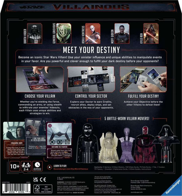 Star Wars Villainous: Power of the Dark Side game box featuring iconic villains like Darth Vader and Kylo Ren. The back of the box illustrates gameplay instructions, strategies, and components like villain movers, tokens, and cards, inviting players to immerse themselves in a galaxy of dark adventures. Designed for 2-4 players, ages 10 and up.