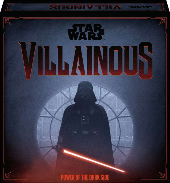 Star Wars Villainous: Power of the Dark Side game box featuring a silhouetted Darth Vader holding a red lightsaber against a dark background with the iconic Star Wars logo and the word 'Villainous'.