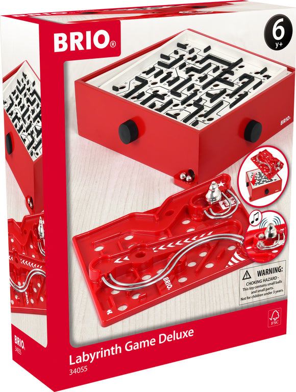 The Labyrinth Game Deluxe by Brio features a vibrant red box with an interactive maze layout inside. The game includes a metal ball that players guide through various paths and obstacles, promoting fine motor skills and critical thinking. Suitable for ages 6 and up, it is designed to provide endless fun and challenge for families and friends.