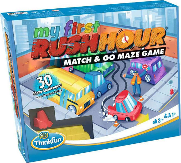 Packaging for 'My First Rush Hour', a mechanical puzzle game by Thinkfun, featuring vibrant graphics and a maze scene with various toy vehicles. The box promotes 30 maze challenges aimed at young players aged 3 and up.
