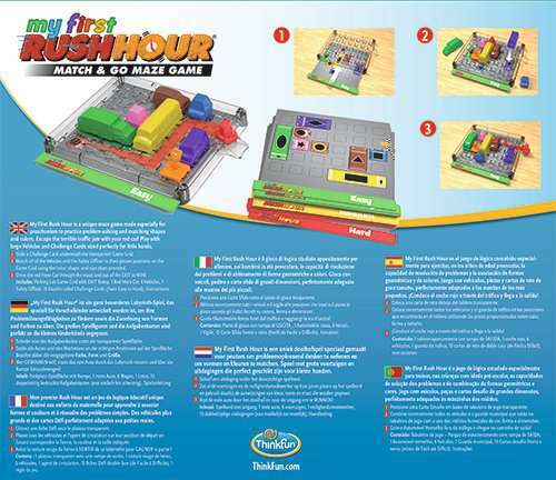 My First Rush Hour game by Thinkfun, featuring a colorful, interactive maze with vehicles and challenge cards. The game includes a clear plastic board and movable pieces to create paths, promoting critical thinking and problem-solving skills for young children.