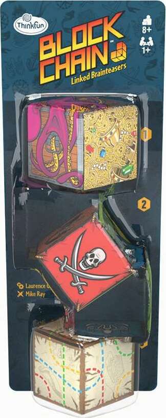 Block Chain Pirates by Thinkfun is a mechanical puzzle featuring three interlocked blocks with vibrant pirate-themed graphics. Each block presents unique challenges, mixing fun and creativity. Ideal for ages 8 and up, this innovative puzzle enhances critical thinking and problem-solving skills while providing an engaging experience for individuals or groups.