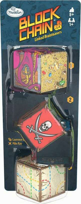 Block Chain Pirates by Thinkfun is a mechanical puzzle featuring three interlocked blocks with vibrant pirate-themed graphics. Each block presents unique challenges, mixing fun and creativity. Ideal for ages 8 and up, this innovative puzzle enhances critical thinking and problem-solving skills while providing an engaging experience for individuals or groups.