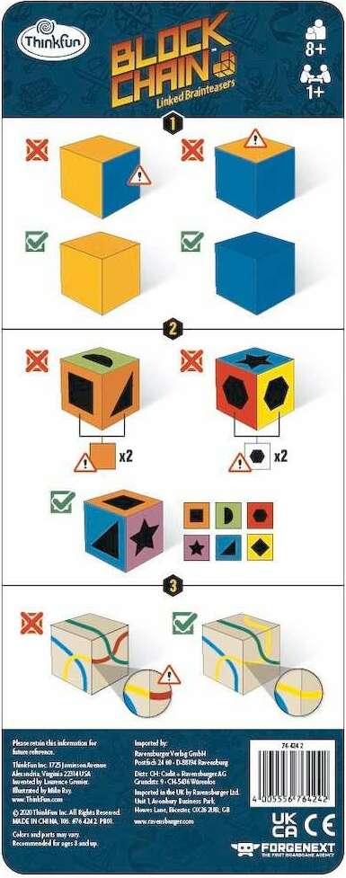 Block Chain Pirates by Thinkfun is a mechanical puzzle designed for ages 8 and up. The packaging features colorful graphics with instructions illustrating how to solve the puzzle. It includes various geometric shapes and hints for completing the challenge, making it ideal for brain training and enhancing problem-solving skills.