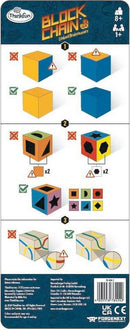 Block Chain Pirates by Thinkfun is a mechanical puzzle designed for ages 8 and up. The packaging features colorful graphics with instructions illustrating how to solve the puzzle. It includes various geometric shapes and hints for completing the challenge, making it ideal for brain training and enhancing problem-solving skills.
