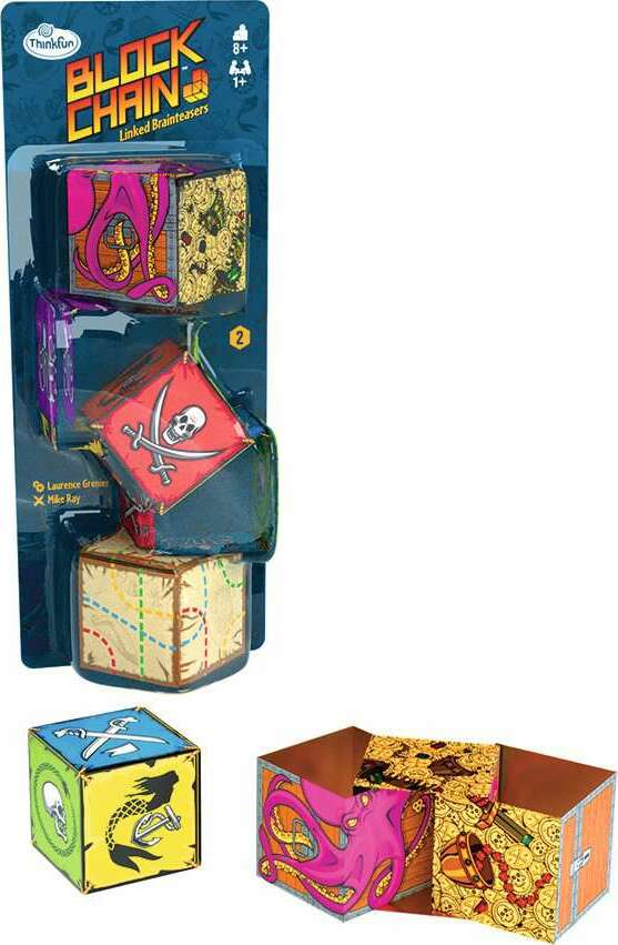 Block Chain Pirates mechanical puzzle by Thinkfun features colorful cubes with pirate-themed designs. The set includes interlinked blocks in various vibrant colors, showcasing pirate motifs and fun graphics. Ideal for ages 8 and up, this brainteaser encourages strategic thinking and creativity.