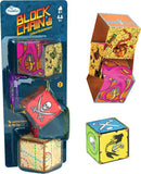 Block Chain Pirates by Thinkfun: A mechanical puzzle featuring colorful, uniquely designed cubes adorned with pirate and underwater themes. The packaging shows various cube arrangements illustrating the puzzle mechanics. Suitable for ages 8 and up.