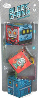The Thinkfun Block Chain Robots is a mechanical puzzle featuring colorful robot-themed cubes. The packaging displays various intricate designs of robots, intended for ages 8 and up, promoting problem-solving and critical thinking. The cubes are interlinked for an engaging brainteaser experience.