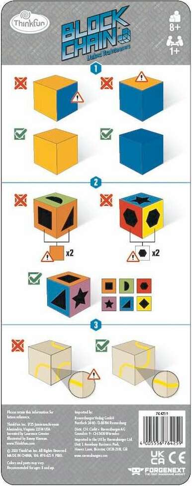 An instructional back packaging for the Block Chain Robots mechanical puzzle by Thinkfun. The design includes colorful cube pieces with various shapes and symbols, alongside clear step-by-step instructions for assembly, ideal for children aged 8 and up. The puzzle encourages critical thinking and problem-solving skills, with visual indicators for correct and incorrect placements.