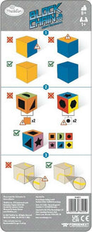 An instructional back packaging for the Block Chain Robots mechanical puzzle by Thinkfun. The design includes colorful cube pieces with various shapes and symbols, alongside clear step-by-step instructions for assembly, ideal for children aged 8 and up. The puzzle encourages critical thinking and problem-solving skills, with visual indicators for correct and incorrect placements.