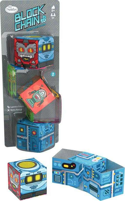 Thinkfun's Block Chain Robots mechanical puzzle featuring colorful robot-themed cubes. The packaging displays an array of vibrant designs, including a blue robot and a red robot, creating an engaging visual for puzzle enthusiasts. Suitable for ages 8 and up, this clever puzzle challenges players to connect and manipulate the blocks in creative ways, enhancing problem-solving skills while providing hours of fun.