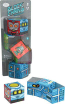 Thinkfun's Block Chain Robots mechanical puzzle featuring colorful robot-themed cubes. The packaging displays an array of vibrant designs, including a blue robot and a red robot, creating an engaging visual for puzzle enthusiasts. Suitable for ages 8 and up, this clever puzzle challenges players to connect and manipulate the blocks in creative ways, enhancing problem-solving skills while providing hours of fun.