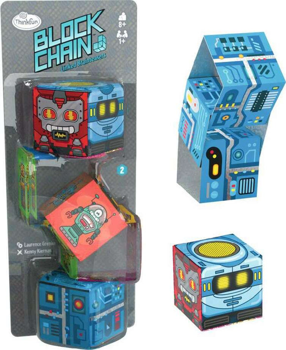 Thinkfun's Block Chain Robots is a mechanical puzzle toy featuring colorful robot-themed cubes that can be linked together in various configurations. The packaging includes images of the puzzle's components, highlighting engaging designs and vibrant colors. It encourages critical thinking and problem-solving skills for ages 8 and up.