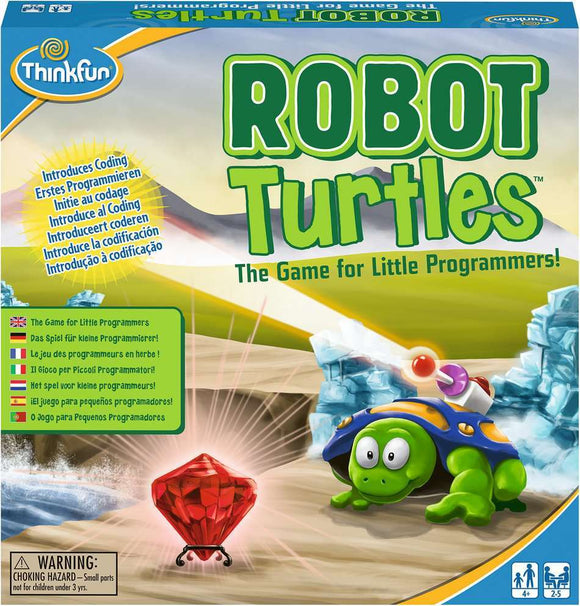 ThinkFun Robot Turtles game box featuring a colorful illustration of a turtle wearing a blue shell with a robotic arm, aiming to collect a red gem amidst a scenic backdrop with icy rocks. The box highlights that this game introduces coding concepts for young players, making it engaging and educational.