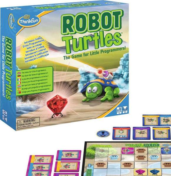 ThinkFun's Laser Maze game includes a colorful box featuring a turtle character and various game components like cards and a grid board. The game aims to teach logic and programming skills through engaging mechanics, suitable for children ages 8 and up.