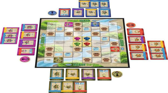 The Laser Maze game by ThinkFun features a colorful board with a grid layout and various action cards. Players engage in a strategic puzzle as they navigate laser beams to reach the target. This mechanical logic game is suitable for individuals or groups, encouraging problem-solving skills and critical thinking among players of all ages.