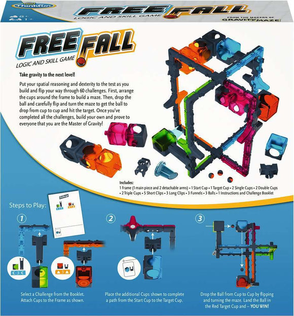 Free Fall is a mechanical logic and skill game by ThinkFun. The game features a multi-colored frame with cups and clips that players assemble to create a path for a ball to navigate through. It challenges spatial reasoning and dexterity with 60 different challenges. The components include a main frame, cups of various types, clips, balls, instructions, and a challenge booklet. Perfect for kids and adults looking for fun and educational gameplay.