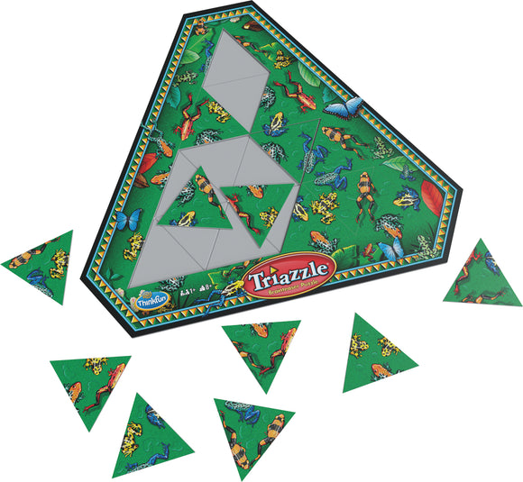 Triazzles Frogs mechanical puzzle by Think Fun, featuring colorful triangular pieces with frog and insect illustrations set on a vibrant green background. The puzzle includes a base with outlined spaces for fitting pieces, showcasing a playful nature theme.