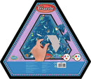 The Triazzles Dolphins mechanical puzzle by Think Fun showcases a vibrant ocean-themed design with various dolphins and sea creatures. A hand is shown arranging colorful triangular pieces to complete the puzzle, set against a blue background. The packaging is hexagonal, decorated with a playful border, highlighting the creative challenge this puzzle offers.