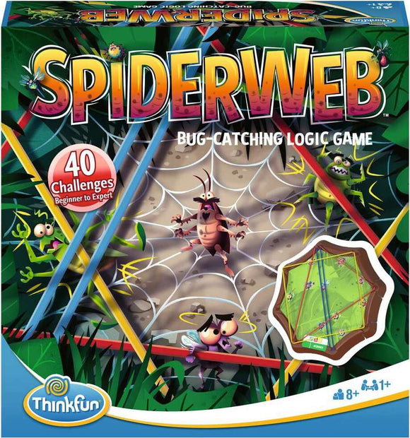 The Spider Web game by Think Fun features a vibrant design with colorful characters including bugs and a spider. The box displays '40 Challenges' indicating a range from beginner to expert levels. It showcases a logic game to engage minds of ages 8 and above, with intricate web graphics and a green background that suggests a lively outdoor environment.