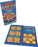 A vibrant packaging of the Solitaire Chess Magnetic Travel puzzle by Think Fun, featuring a colorful design. The image shows an open book revealing several chessboard challenges with red chess pieces, accompanied by a neatly arranged box. Ideal for on-the-go fun and problem-solving, this mechanical puzzle offers 120 challenges ranging from beginner to expert levels, all in a compact magnetic format.
