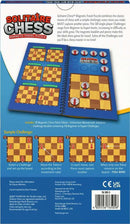 Solitare Chess Magnetic Travel Puzzle by Think Fun, featuring a magnetic booklet and chess piece tokens. The game includes 120 challenges ranging from beginner to expert levels, designed to enhance strategic skills while traveling. The front of the packaging displays sample challenges and instructions for gameplay.