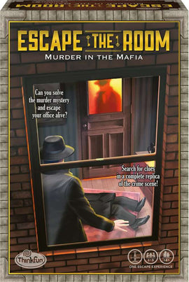 Escape the Room: Murder in the Mafia game by ThinkFun, featuring a mysterious scene of a detective looking through a window at a crime scene with a body on the floor. The box invites players to solve the murder mystery and escape the office alive, showcasing a detailed graphic of the interactive experience.