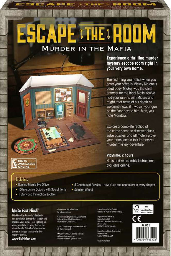 Escape the Room: Murder in the Mafia game by ThinkFun. The packaging features a replica private eye office scene, showcasing items and clues related to the murder mystery. Includes interactive objects and a solution wheel, perfect for immersive gameplay. Great for family or friends to enjoy puzzles together.