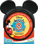 A vibrant and colorful packaging of the Disney Word-A-Round game by ThinkFun. The box features Mickey Mouse and Tinkerbell, with Mickey's iconic ears on top. The title 'Word A Round' is prominently displayed along with the tagline, 'The First to Discover the Words - WINS!' The game is designed for ages 10 and up, for 2 or more players.