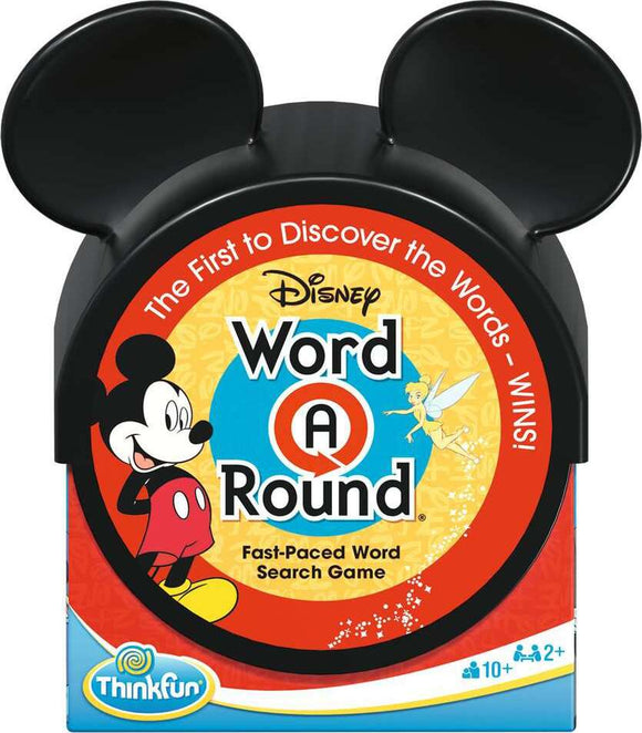 A vibrant and colorful packaging of the Disney Word-A-Round game by ThinkFun. The box features Mickey Mouse and Tinkerbell, with Mickey's iconic ears on top. The title 'Word A Round' is prominently displayed along with the tagline, 'The First to Discover the Words - WINS!' The game is designed for ages 10 and up, for 2 or more players.