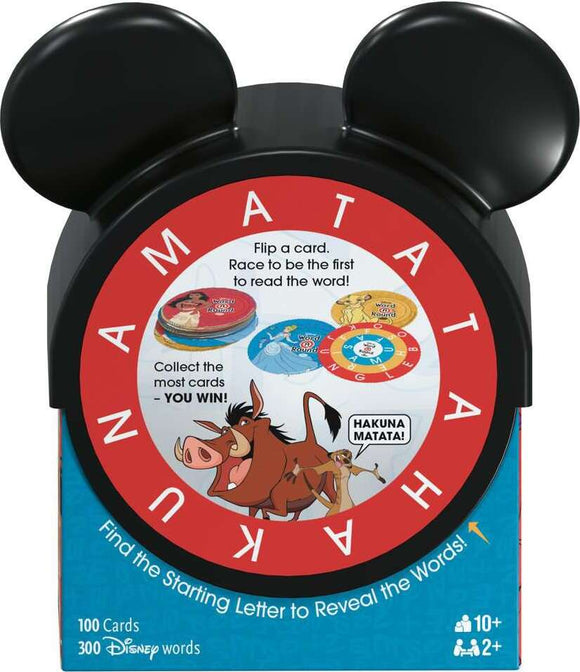 Word-A-Round Disney game by ThinkFun. Features a unique Mickey Mouse-shaped box. Contains 100 cards with 300 Disney words. Players flip cards to race and read the words quickly. Perfect for family game night and educational fun.