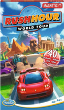 Rush Hour Travel World Tour by ThinkFun, featuring a vibrant illustration of a red sports car navigating through a busy street scene with various obstacles. The packaging highlights '40 Challenges' in multiple languages and showcases iconic landmarks in the background. Designed for ages 8 and up, this mechanical puzzle ensures an engaging problem-solving experience.