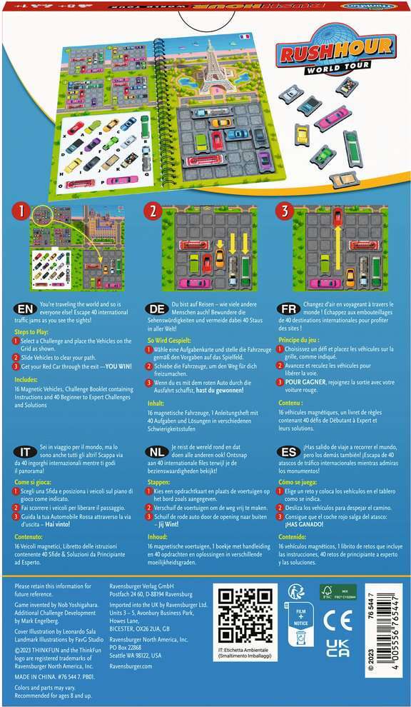 Rush Hour Travel World Tour mechanical puzzle by ThinkFun. Features a colorful game board with various cars, a challenge booklet, and instructions in multiple languages. The aim is to navigate vehicles through traffic to clear a path for the red car. Suitable for ages 8 and up, promoting problem-solving and critical thinking skills.